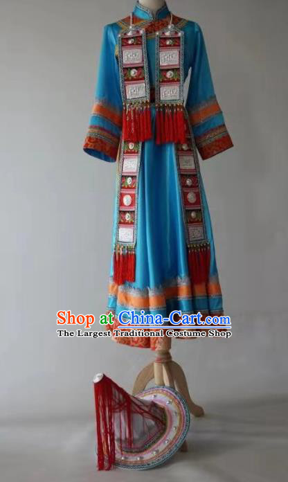 Chinese Yugu Ethnic Stage Show Costumes Traditional Nationality Folk Dance Blue Dress for Women