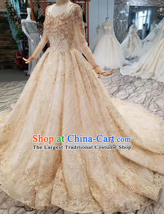 Custom Compere Embroidered Champagne Trailing Full Dress Wedding Bride Costumes Top Grade Bridal Gown for Women