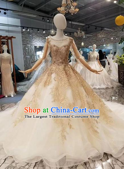 Custom Compere Embroidered Golden Beads Trailing Full Dress Wedding Bride Costumes Top Grade Bridal Gown for Women