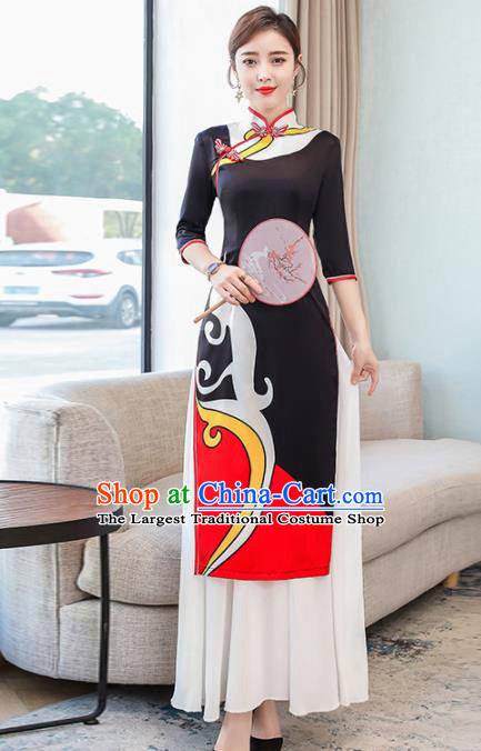 Vietnamese Traditional Printing Costume Asian Vietnam Black Ao Dai Dress for Women