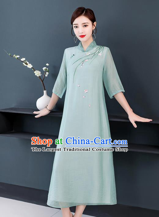 Chinese Traditional Compere Embroidered Orchid Green Cheongsam Costume China National Qipao Dress for Women