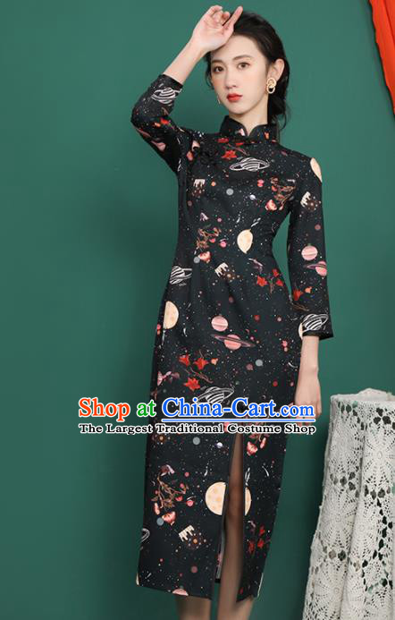 Chinese Traditional Compere Printing Black Cheongsam Costume China National Qipao Dress for Women