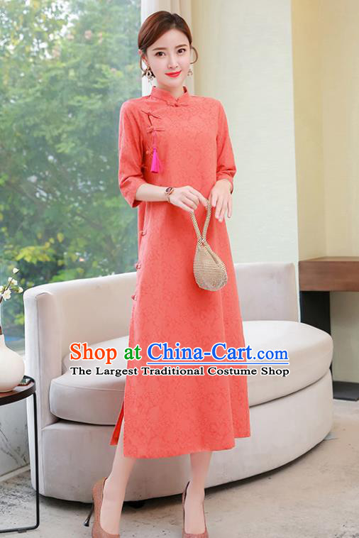 Chinese Traditional Compere Orange Cotton Cheongsam Costume China National Qipao Dress for Women