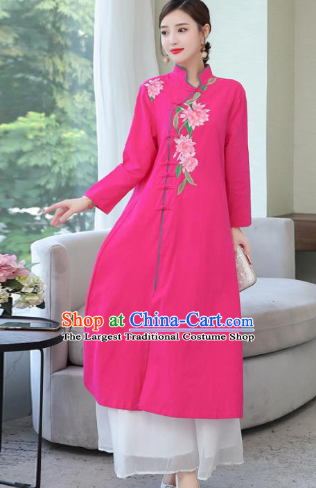 Chinese Traditional Embroidered Rosy Cotton Slubbed Cheongsam Costume China National Qipao Dress for Women