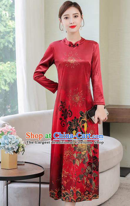 Chinese Traditional Printing Red Mother Cheongsam Costume China National Qipao Dress for Women