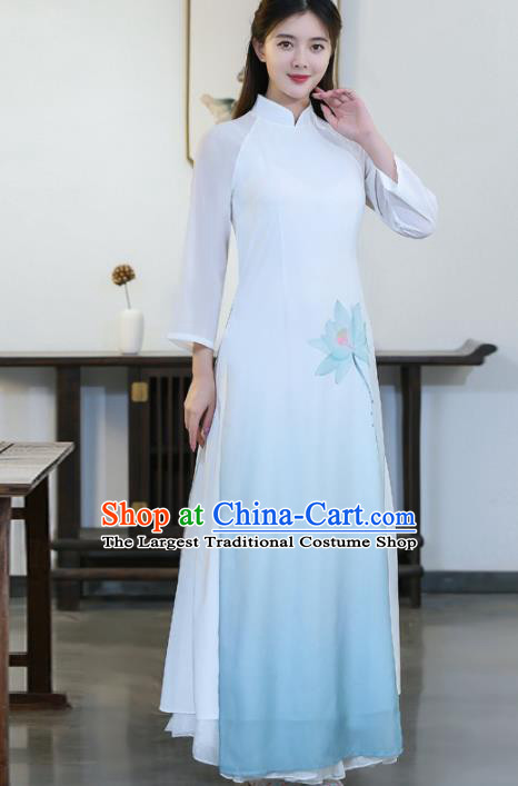 Chinese Traditional Printing Lotus Light Blue Cheongsam Costume China National Qipao Dress for Women