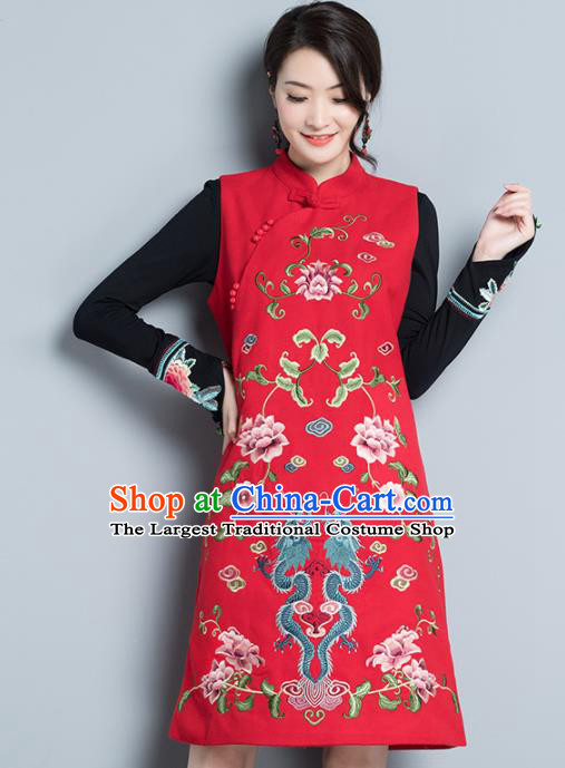 Chinese Traditional Embroidered Red Wool Cheongsam Vest Costume China National Qipao Dress for Women