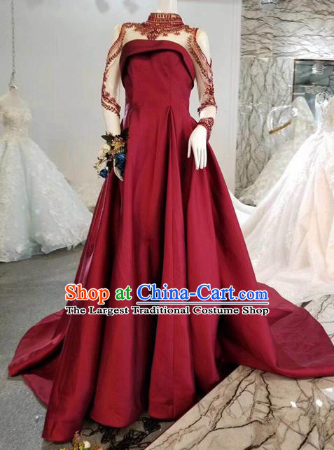 Custom Compere Wine Red Full Dress Wedding Bride Costumes Top Grade Bridal Gown for Women