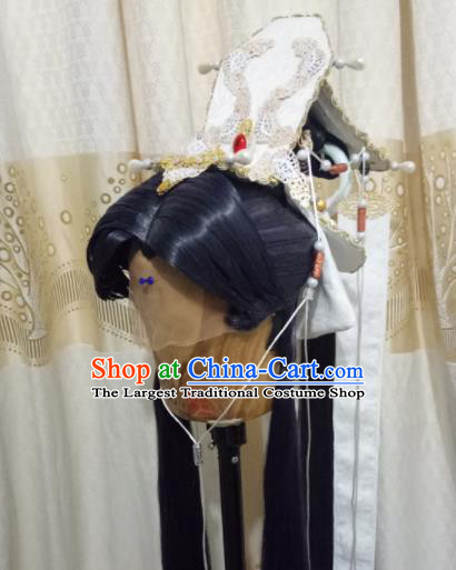 Custom Chinese Cosplay Crown Prince Swordsman Black Wigs Ancient Taoist Hair Chignon and Accessories for Men