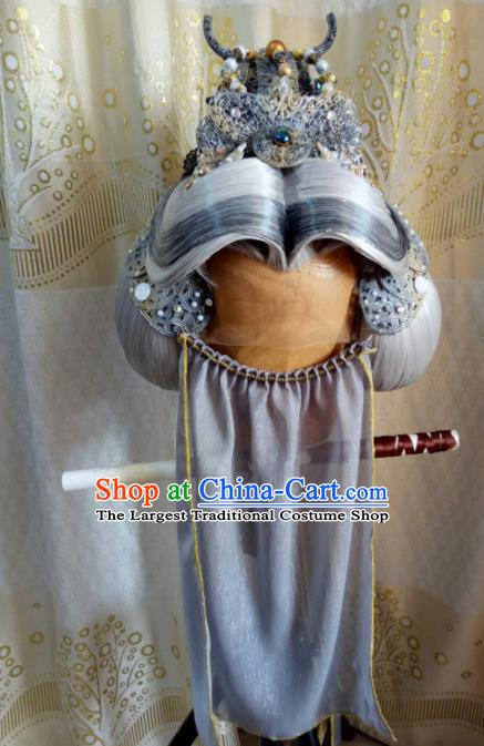 Custom Chinese Cosplay Royal Prince Chang Qin Swordsman Grey Wigs Ancient Taoist Hair Chignon and Accessories for Men