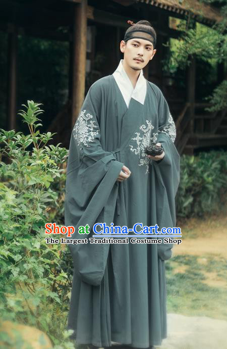 Chinese Ancient Taoist Priest Atrovirens Embroidered Robe Traditional Ming Dynasty Scholar Costumes for Men