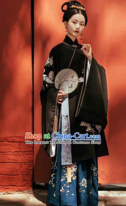 Chinese Ancient Young Mistress Embroidered Black Gown and Skirt Traditional Ming Dynasty Nobility Lady Costumes for Women