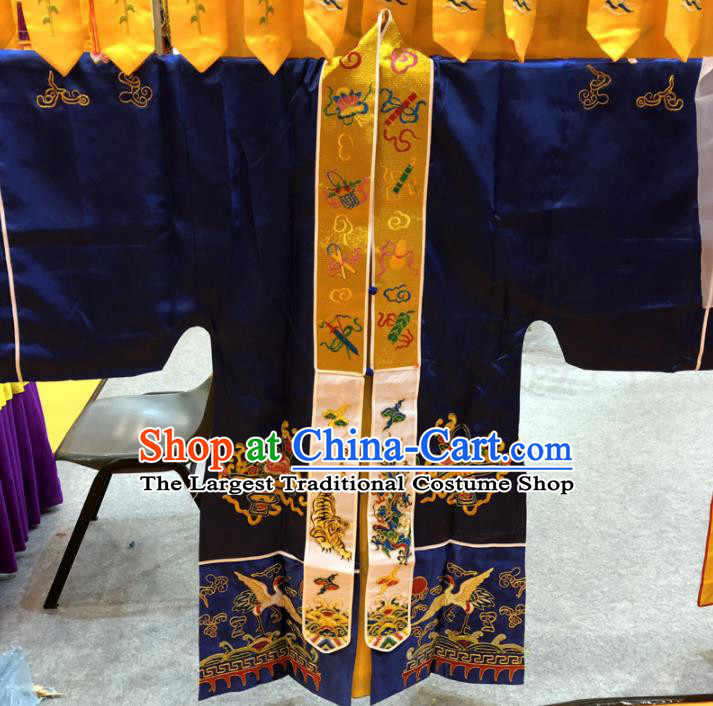 Chinese Taoism Embroidered Cranes Dragon Royalblue Silk Priest Frock Cassock Traditional Taoist Rite Costume for Men