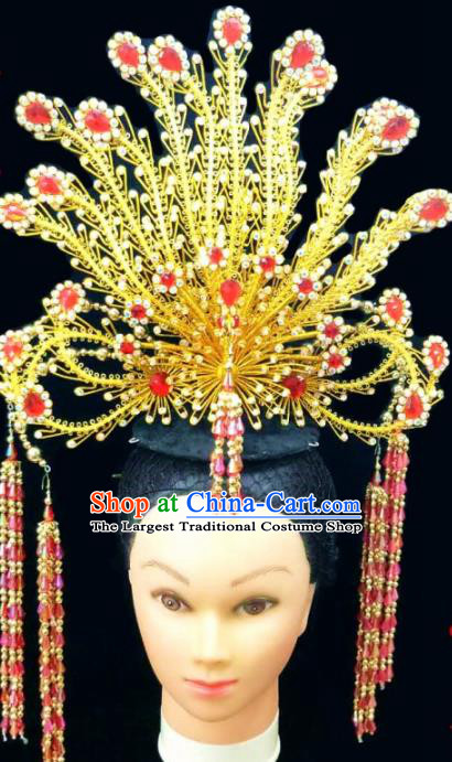 Chinese Traditional Peking Opera Queen Red Crystal Phoenix Coronet Hairpins Handmade Beijing Opera Diva Hair Accessories for Women