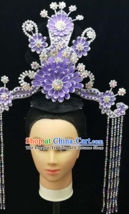 Chinese Traditional Peking Opera Queen Purple Lotus Phoenix Coronet Hairpins Handmade Beijing Opera Diva Hair Accessories for Women