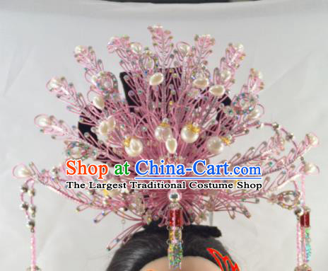 Chinese Traditional Peking Opera Princess Pink Phoenix Crown Handmade Ancient Court Lady Hair Accessories for Women