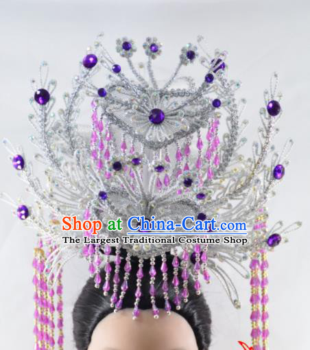 Chinese Traditional Peking Opera Queen Purple Beads Tassel Phoenix Crown Handmade Ancient Court Lady Hair Accessories for Women