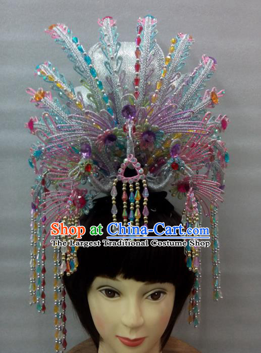 Chinese Traditional Peking Opera Diva Colorful Tassel Phoenix Crown Handmade Ancient Court Lady Hair Accessories for Women