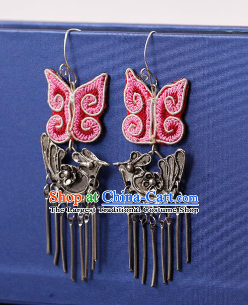 Chinese Traditional Miao Nationality Embroidered Pink Butterfly Silver Earrings Handmade Ethnic Ear Accessories for Women