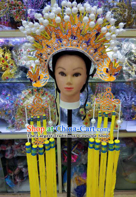 Chinese Traditional Peking Opera Queen Yellow Phoenix Coronet Hat Handmade Beijing Opera Hair Accessories for Women