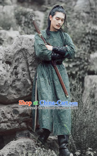 Chinese Ancient Swordsman Embroidered Green Robe Traditional Tang Dynasty Imperial Bodyguard Costumes for Men