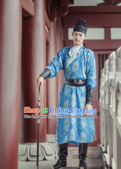 Chinese Ancient Chivalry Swordsman Blue Robe Traditional Tang Dynasty Imperial Bodyguard Costumes for Men