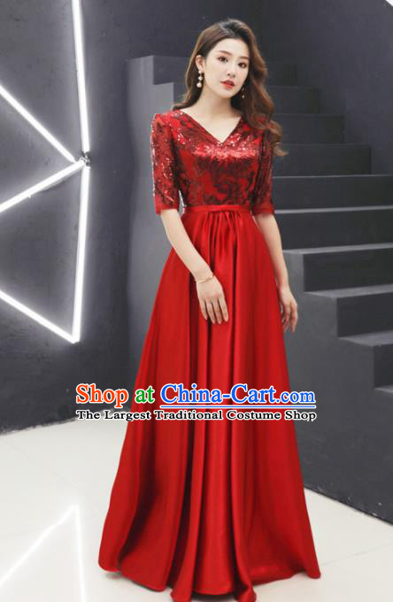 Top Grade Compere Wine Red Sequins Full Dress Annual Gala Stage Show Chorus Costume for Women