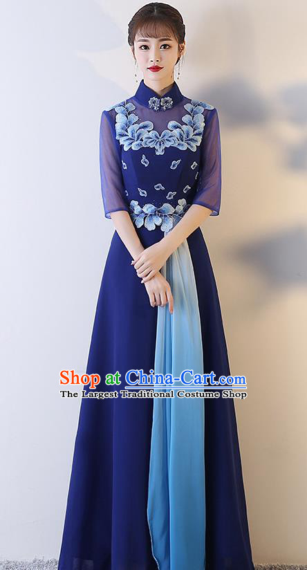 Top Grade Compere Embroidered Royalblue Full Dress Annual Gala Stage Show Chorus Costume for Women