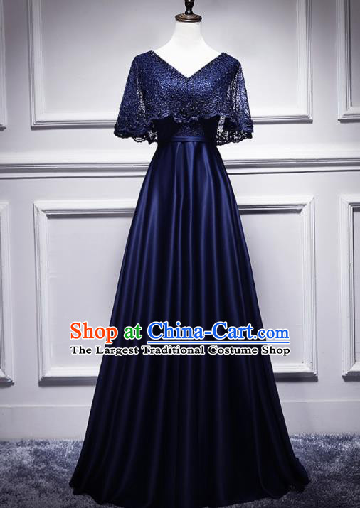 Top Grade Compere Navy Lace Satin Full Dress Annual Gala Stage Show Chorus Costume for Women