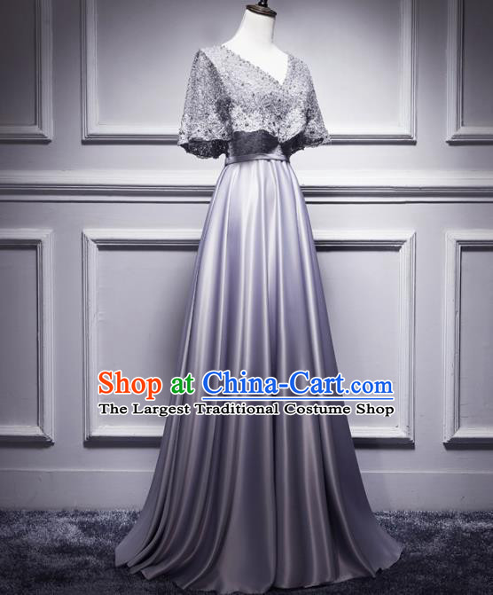 Top Grade Compere Grey Lace Satin Full Dress Annual Gala Stage Show Chorus Costume for Women