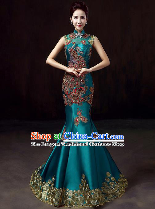 Top Grade Compere Embroidered Peacock Blue Full Dress Annual Gala Stage Show Chorus Costume for Women