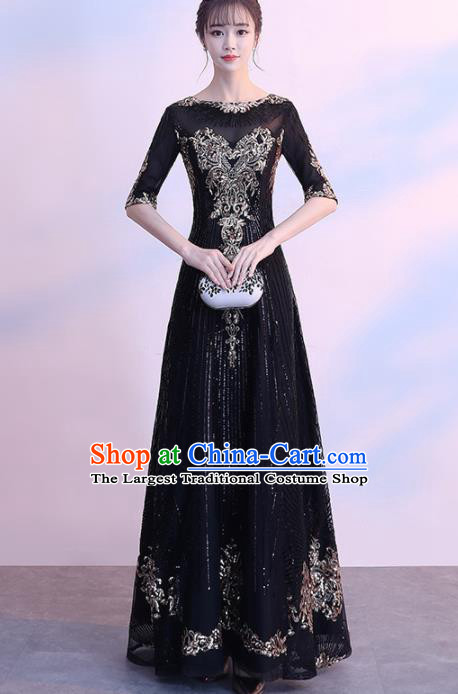 Top Grade Compere Embroidered Beads Black Full Dress Annual Gala Stage Show Chorus Costume for Women