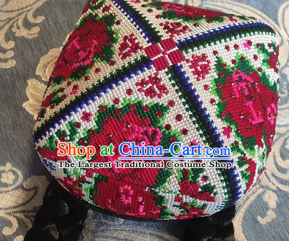 Chinese Traditional Uyghur Nationality Embroidered Red Flowers Hat Ethnic Folk Dance Stage Show Headwear for Women