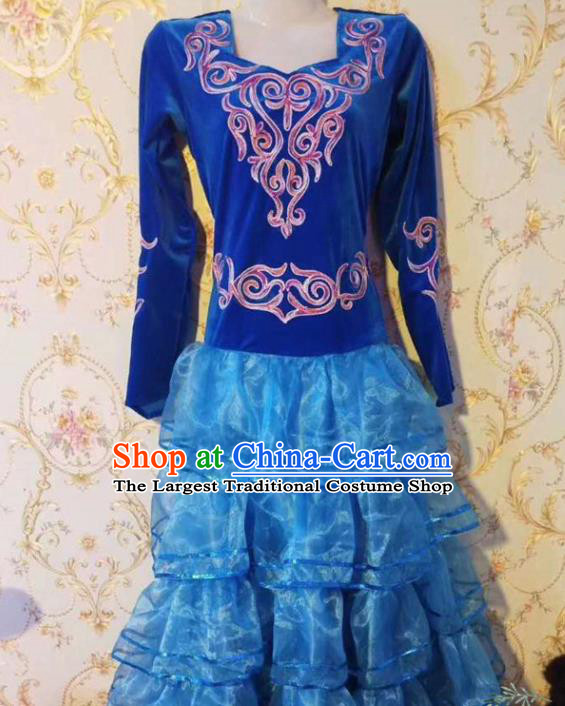 Chinese Traditional Kazak Nationality Dance Blue Dress Xinjiang Ethnic Stage Show Costume for Women