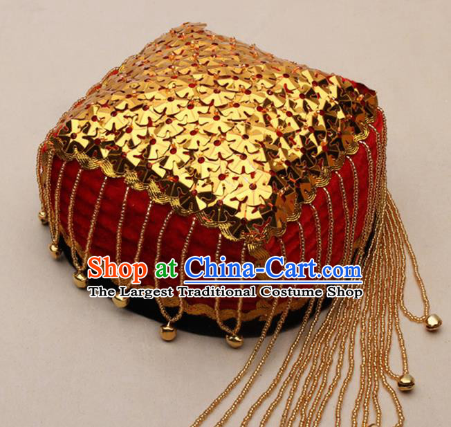 Chinese Traditional Uyghur Nationality Golden Sequins Tassel Red Hat Ethnic Folk Dance Stage Show Headwear for Women