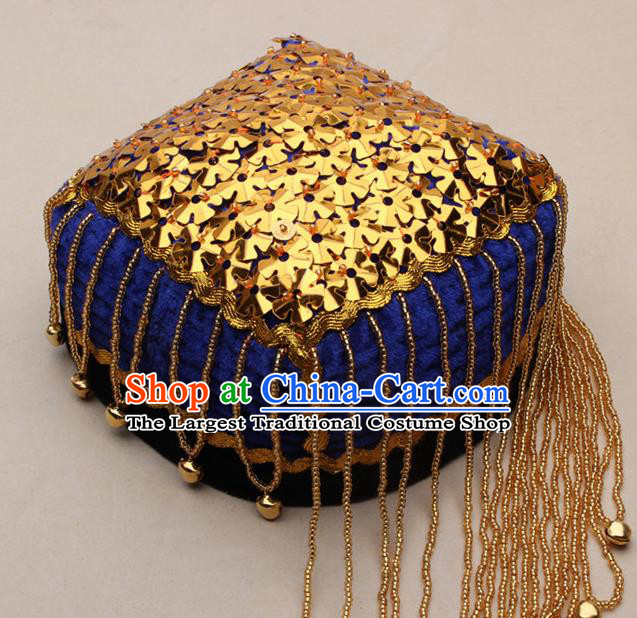 Chinese Traditional Uyghur Nationality Golden Sequins Tassel Blue Hat Ethnic Folk Dance Stage Show Headwear for Women