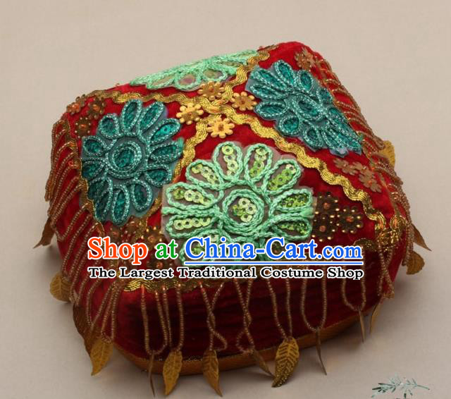 Chinese Traditional Uyghur Nationality Girls Embroidered Red Hat Ethnic Folk Dance Stage Show Headwear for Kids