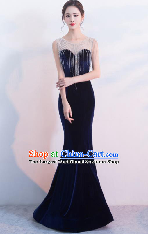 Top Grade Compere Royalblue Velvet Full Dress Annual Gala Stage Show Costume for Women