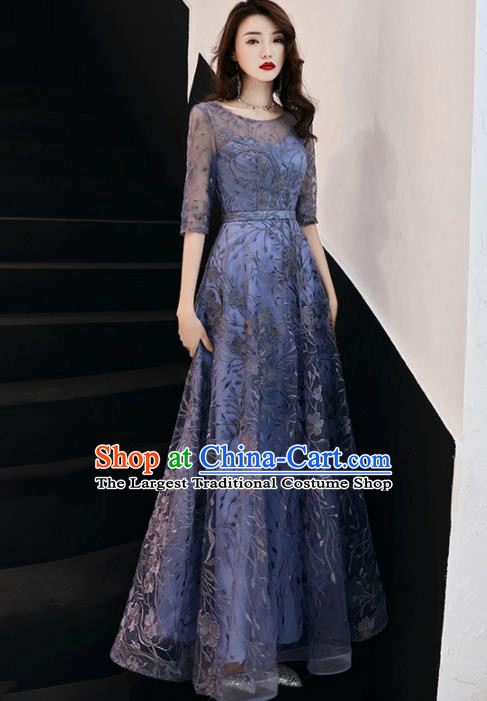 Top Grade Compere Embroidered Blue Full Dress Annual Gala Stage Show Costume for Women