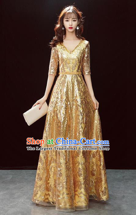 Top Grade Compere Golden Sequins Full Dress Annual Gala Stage Show Costume for Women