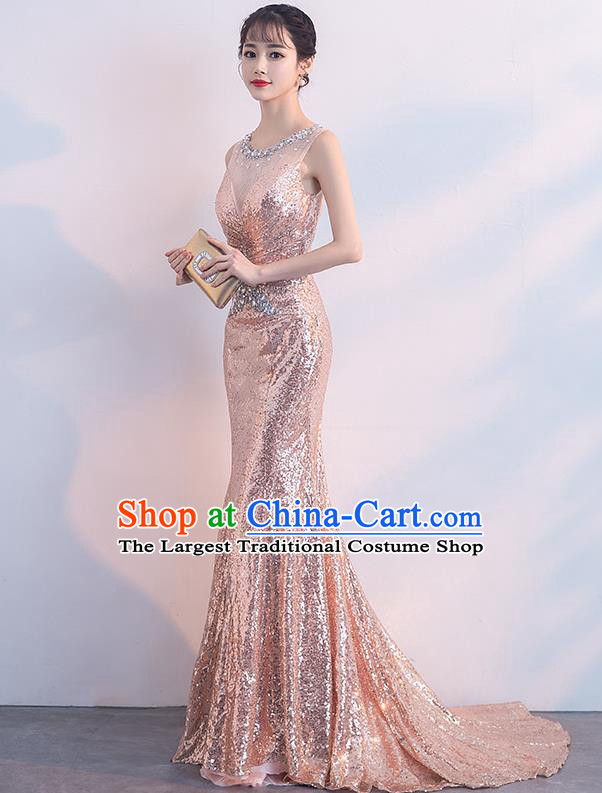 Top Grade Compere Pink Sequins Full Dress Annual Gala Stage Show Costume for Women