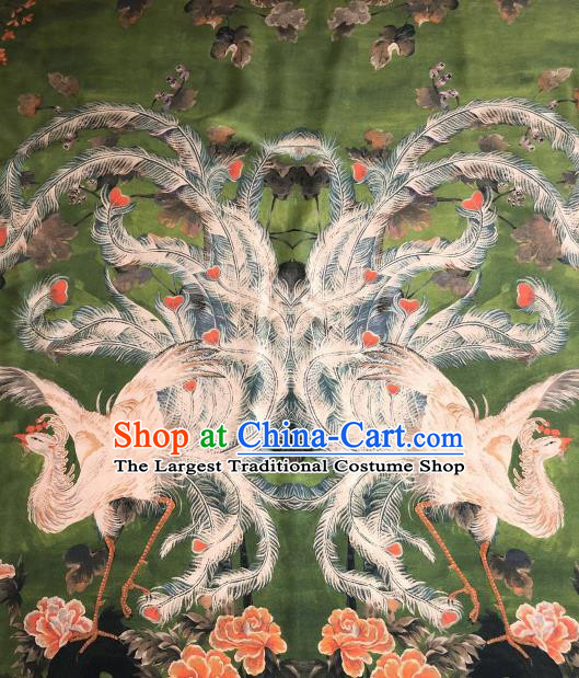 Asian Chinese Traditional Phoenix Peony Pattern Design Deep Green Gambiered Guangdong Gauze Fabric Silk Material