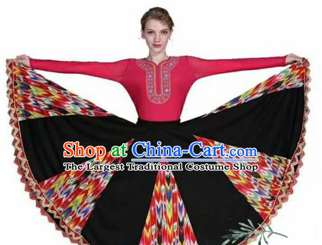 Traditional Chinese Xinjiang Uyghur Nationality Rosy Dress Ethnic Folk Dance Stage Show Costume for Women