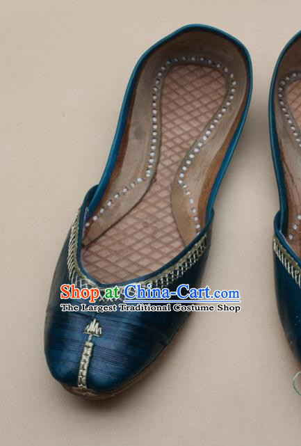 Asian Nepal National Handmade Lake Blue Leather Shoes Indian Traditional Folk Dance Shoes for Women