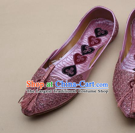 Asian Nepal National Handmade Pink Embroidered Shoes Indian Traditional Folk Dance Leather Shoes for Women