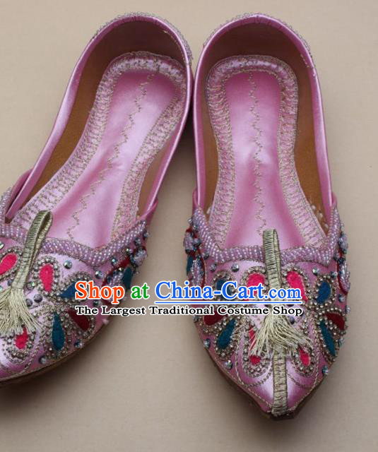 Asian Nepal National Handmade Embroidered Pink Shoes Indian Traditional Folk Dance Leather Shoes for Women