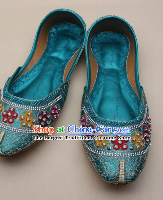 Asian Nepal National Blue Leather Shoes Handmade Indian Traditional Folk Dance Shoes for Women