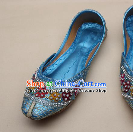 Asian Nepal National Blue Leather Shoes Handmade Indian Traditional Folk Dance Shoes for Women