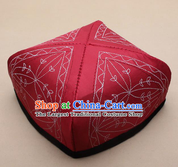 Chinese Traditional Uyghur Minority Red Silk Hat Ethnic Xinjiang Folk Dance Headwear for Men