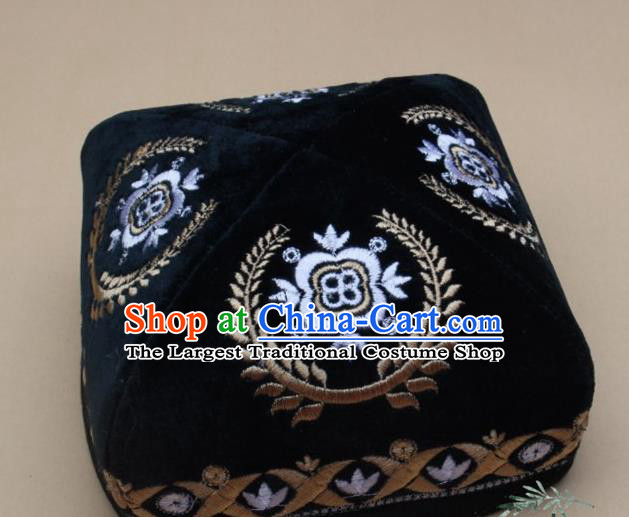 Chinese Traditional Uyghur Minority Dance Embroidered Black Hat Xinjiang Ethnic Headwear for Men